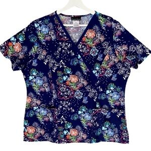 CHEROKEE Scrubs Top Mock Wrap Short Sleeve Navy Blue Floral Women Size XL